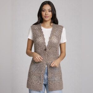 Vintage Crochet Longline Vest Boho Open Knit Duster Cardigan horn button Wool S